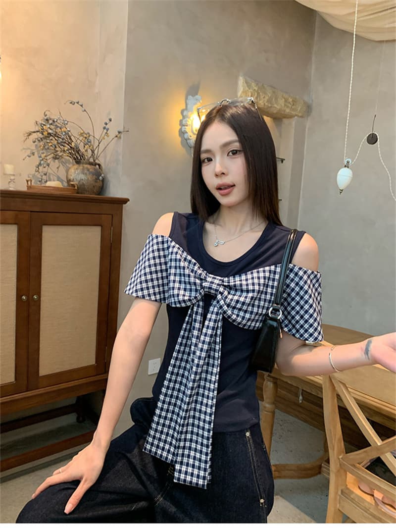 원본 원단 것 화이트 오프숄더 반팔 티셔츠 여름 도트 무늬 나비 매듭 그레이트 봐. 의류 상세 이미지 18