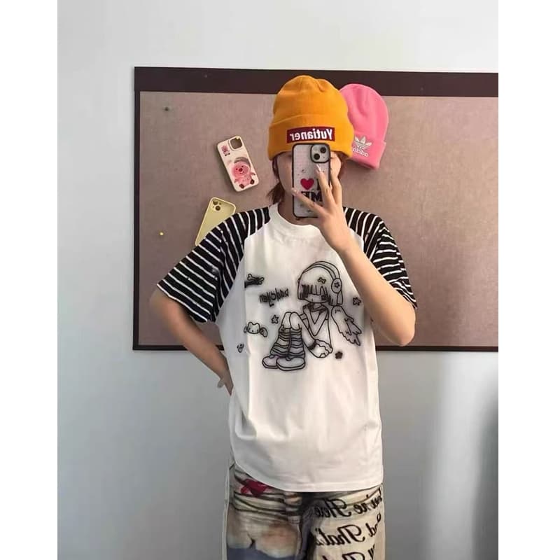 순면 원단 이문화 y2k 만화 소녀 프린트 커플 섹션 삽입 어깨 의류 반팔 여성 새로운 상세 이미지 5