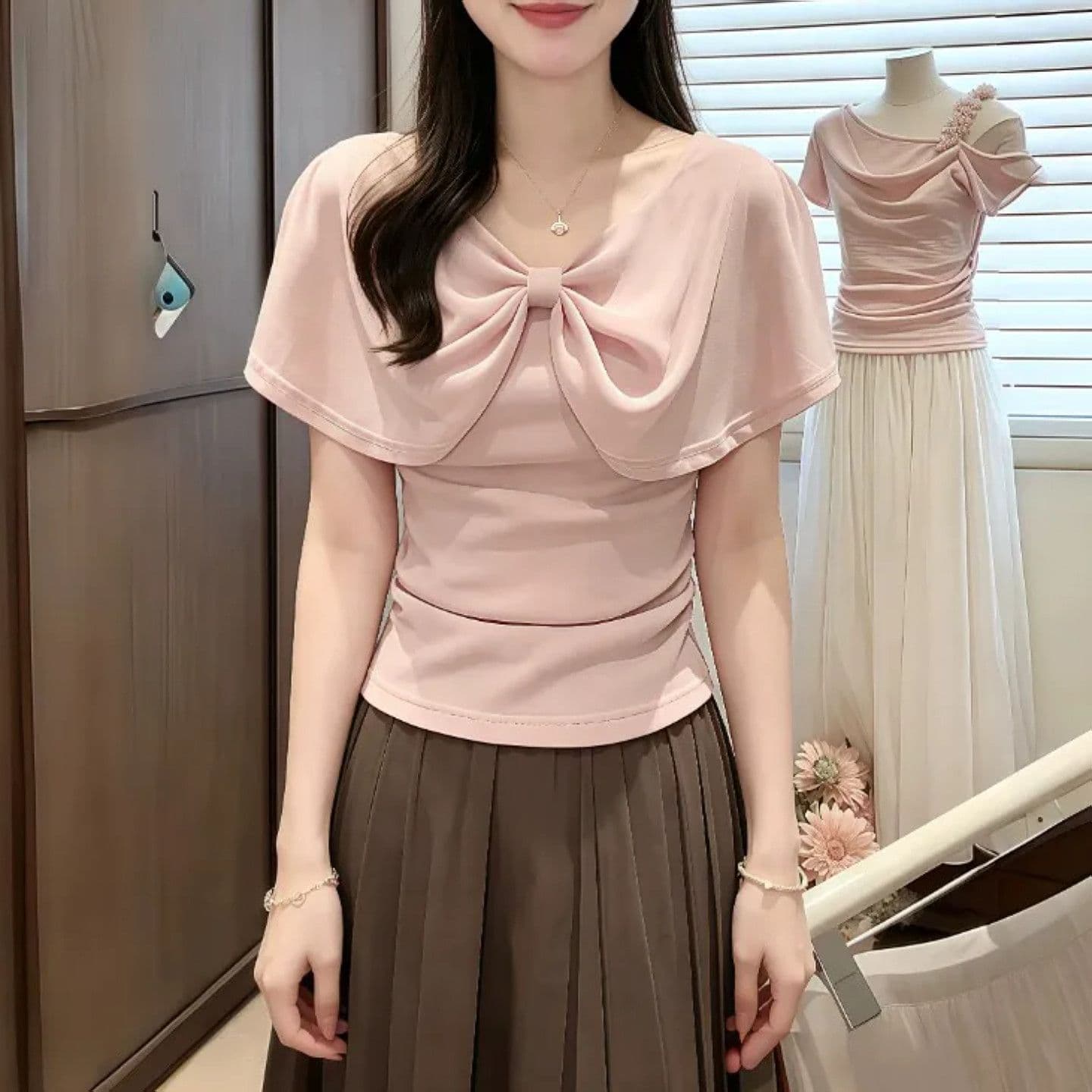 빅 사이즈 통통한 여동생 부드러운 윈디 나비 매듭 망토 소매 티셔츠 여성 여름 새로운 고유 한 아름다운 연령 감소 맨위