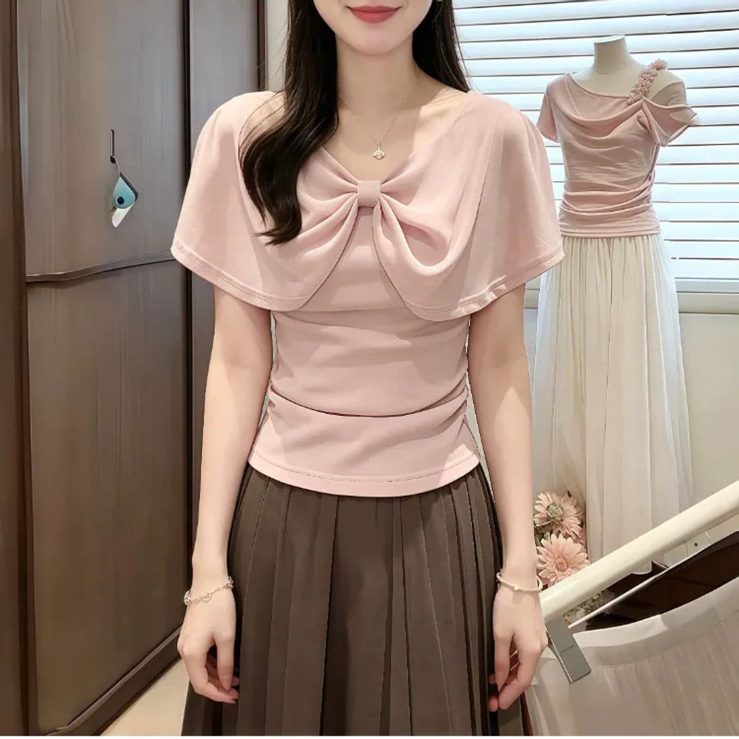 빅 사이즈 통통한 여동생 부드러운 윈디 나비 매듭 망토 소매 티셔츠 여성 여름 새로운 고유 한 아름다운 연령 감소 맨위 이미지 5
