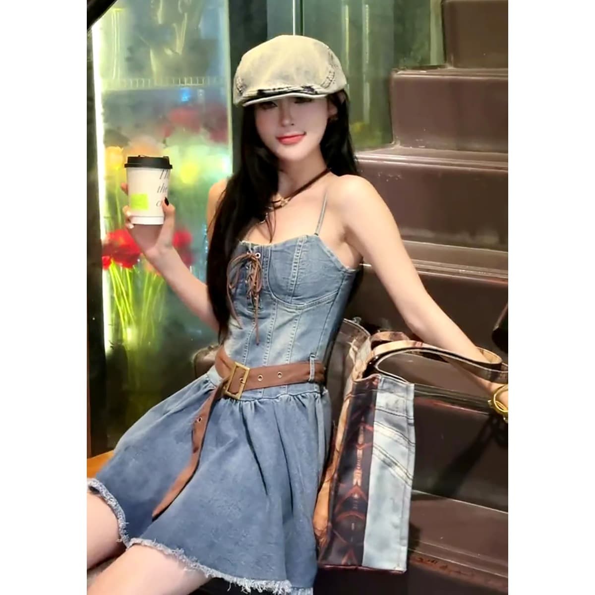 운남 신강 북서쪽 초원 여행 착용 가져 가라. 여성 순수한 욕망 바람 허리 수축 슬림해 보이는 품격 데님 슬립 드레스 이미지 2