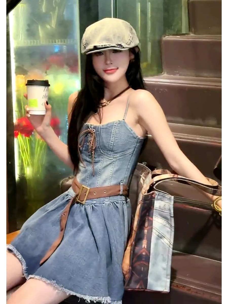 운남 신강 북서쪽 초원 여행 착용 가져 가라. 여성 순수한 욕망 바람 허리 수축 슬림해 보이는 품격 데님 슬립 드레스 상세 이미지 2