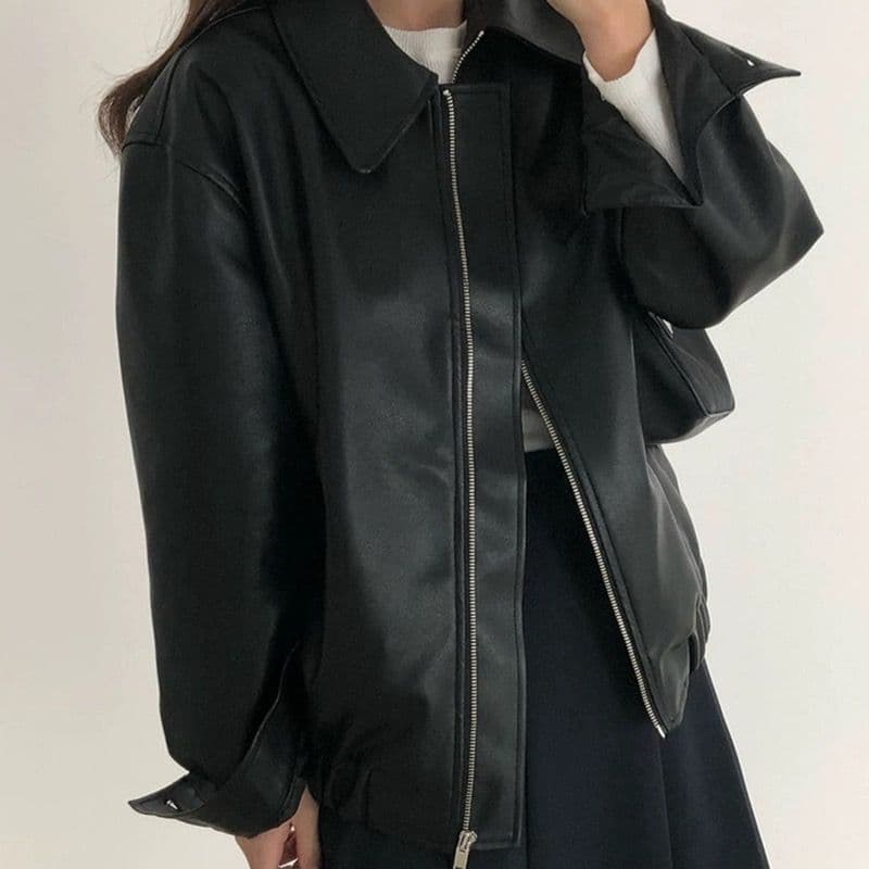한국 chic 가을 개성 잘 생긴 폴로 칼라 지퍼 디자인 루즈핏 캐주얼 긴팔 오토바이 서비스 가죽 재킷 여성 코트