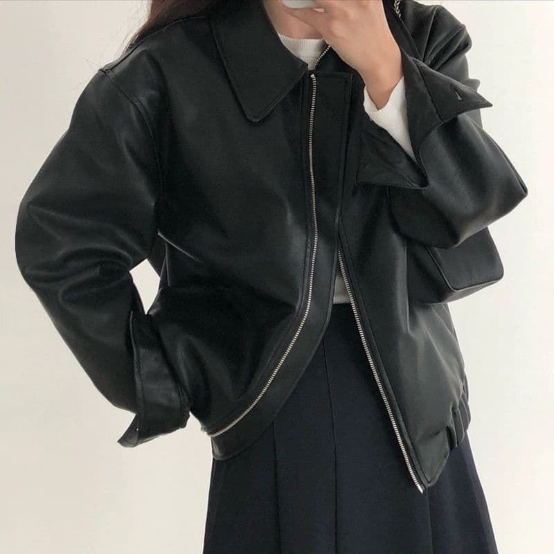 한국 chic 가을 개성 잘 생긴 폴로 칼라 지퍼 디자인 루즈핏 캐주얼 긴팔 오토바이 서비스 가죽 재킷 여성 코트 상세 이미지 2
