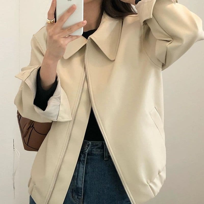 한국 chic 가을 개성 잘 생긴 폴로 칼라 지퍼 디자인 루즈핏 캐주얼 긴팔 오토바이 서비스 가죽 재킷 여성 코트 상세 이미지 3