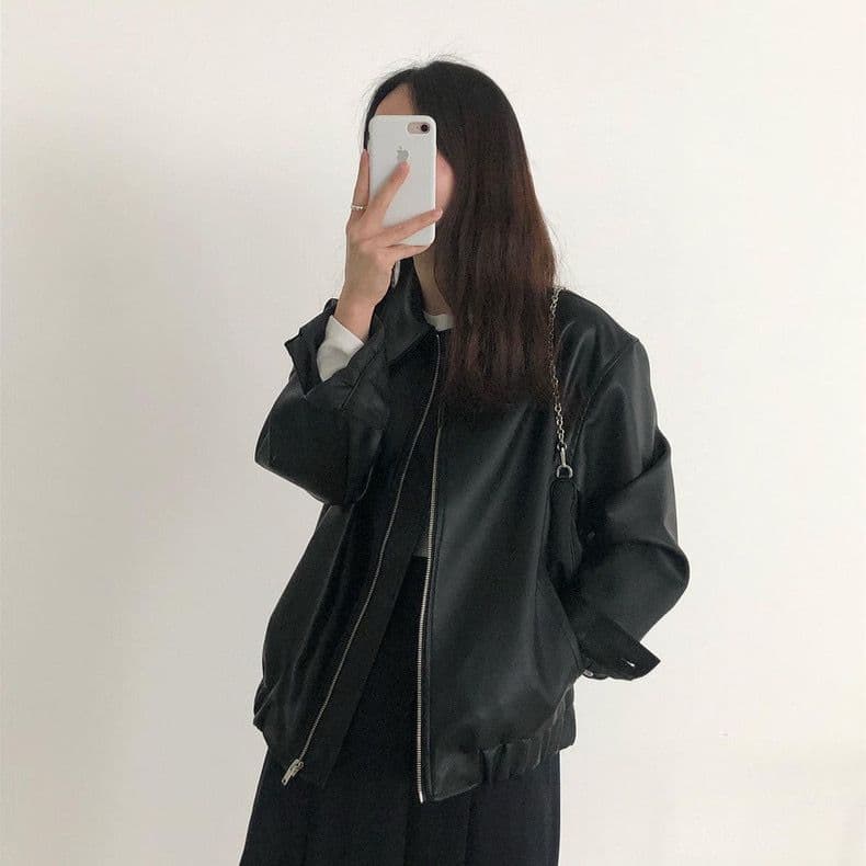 한국 chic 가을 개성 잘 생긴 폴로 칼라 지퍼 디자인 루즈핏 캐주얼 긴팔 오토바이 서비스 가죽 재킷 여성 코트 상세 이미지 5