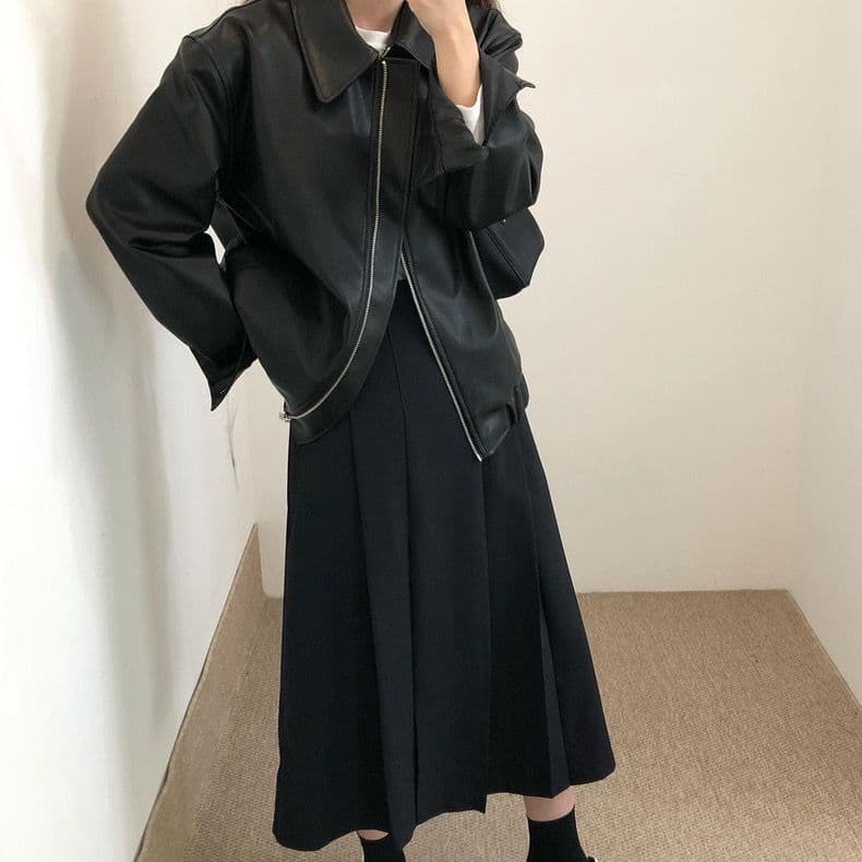 한국 chic 가을 개성 잘 생긴 폴로 칼라 지퍼 디자인 루즈핏 캐주얼 긴팔 오토바이 서비스 가죽 재킷 여성 코트 상세 이미지 11