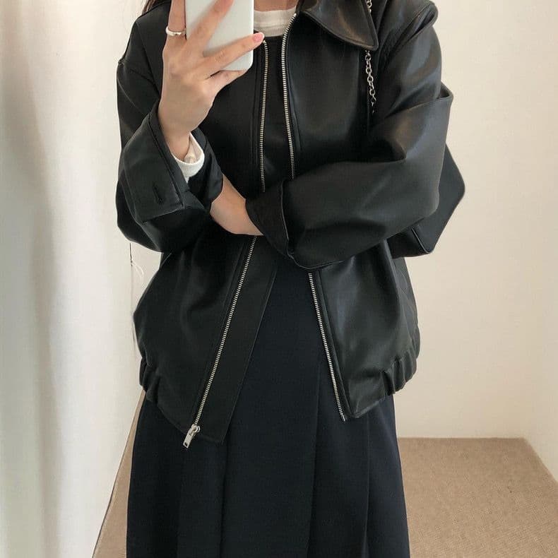 한국 chic 가을 개성 잘 생긴 폴로 칼라 지퍼 디자인 루즈핏 캐주얼 긴팔 오토바이 서비스 가죽 재킷 여성 코트 상세 이미지 12