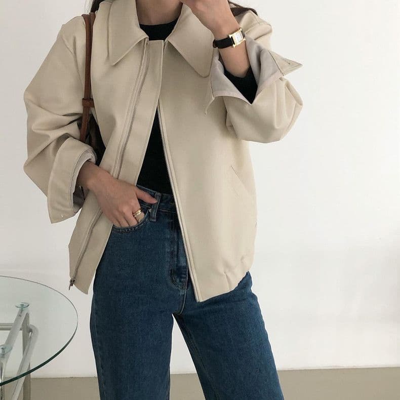 한국 chic 가을 개성 잘 생긴 폴로 칼라 지퍼 디자인 루즈핏 캐주얼 긴팔 오토바이 서비스 가죽 재킷 여성 코트 상세 이미지 17
