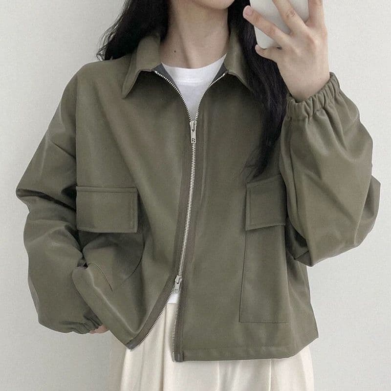 한국 chic 가을 레트로 항구 바람 스탠드 칼라 지퍼 디자인 루즈핏 캐주얼 다용도 긴팔 쇼트 스타일 여성 코트 이미지 3