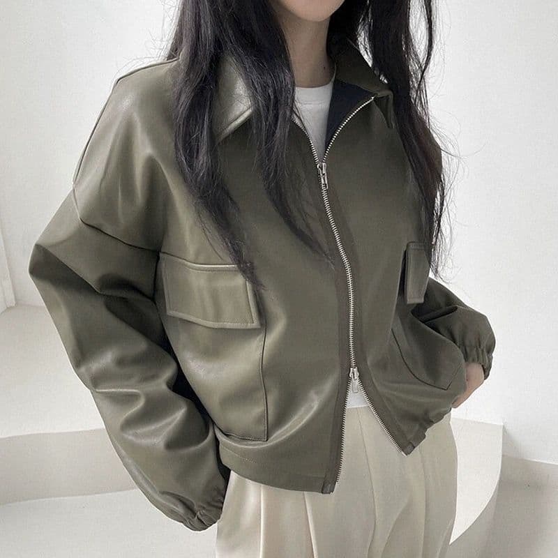 한국 chic 가을 레트로 항구 바람 스탠드 칼라 지퍼 디자인 루즈핏 캐주얼 다용도 긴팔 쇼트 스타일 여성 코트