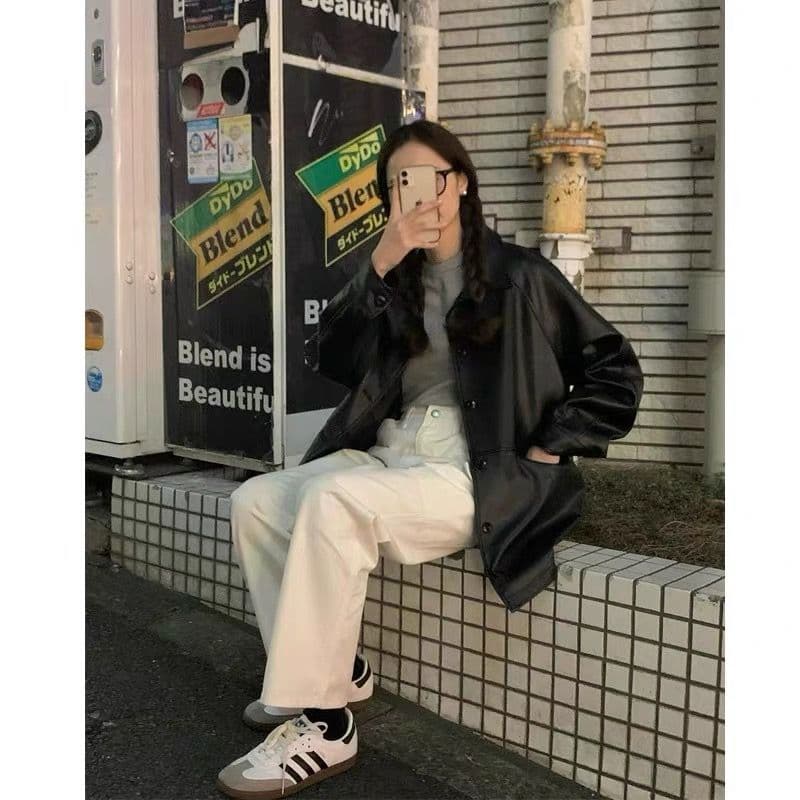 한국 동대문 2026 봄 새로운 레트로 미니멀리즘 다용도 루즈핏 캐주얼 모조 가죽 의류 재킷 여성 코트 상세 이미지 13