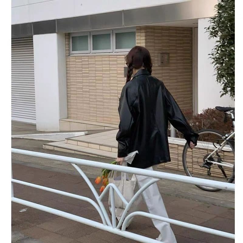 한국 동대문 2026 봄 새로운 레트로 미니멀리즘 다용도 루즈핏 캐주얼 모조 가죽 의류 재킷 여성 코트 상세 이미지 15