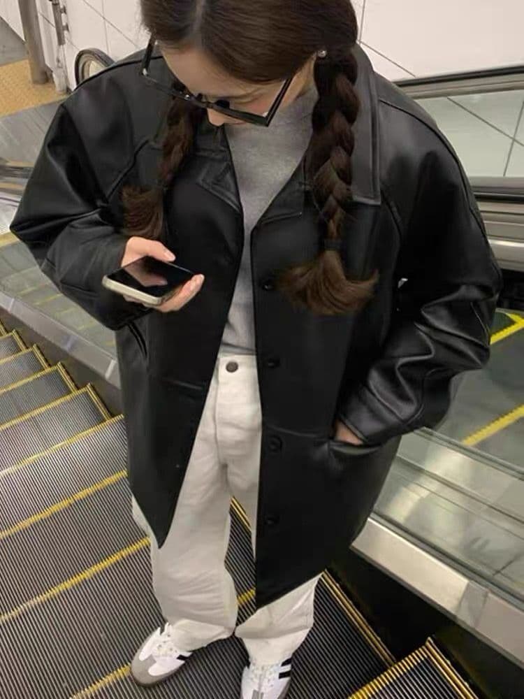 한국 동대문 2026 봄 새로운 레트로 미니멀리즘 다용도 루즈핏 캐주얼 모조 가죽 의류 재킷 여성 코트 상세 이미지 18