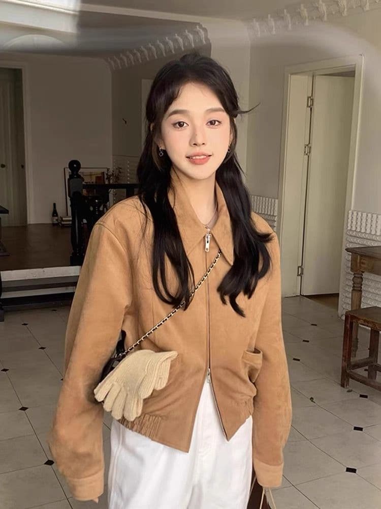 한국 chic 봄 아메리칸 레트로 폴로 칼라 더블 지퍼 주머니 루즈핏 다용도 모방 사슴 캐시미어 재킷 여성 코트 상세 이미지 1