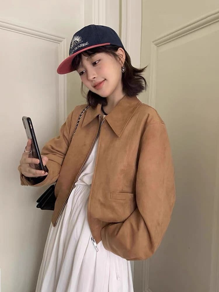 한국 chic 봄 아메리칸 레트로 폴로 칼라 더블 지퍼 주머니 루즈핏 다용도 모방 사슴 캐시미어 재킷 여성 코트 상세 이미지 2