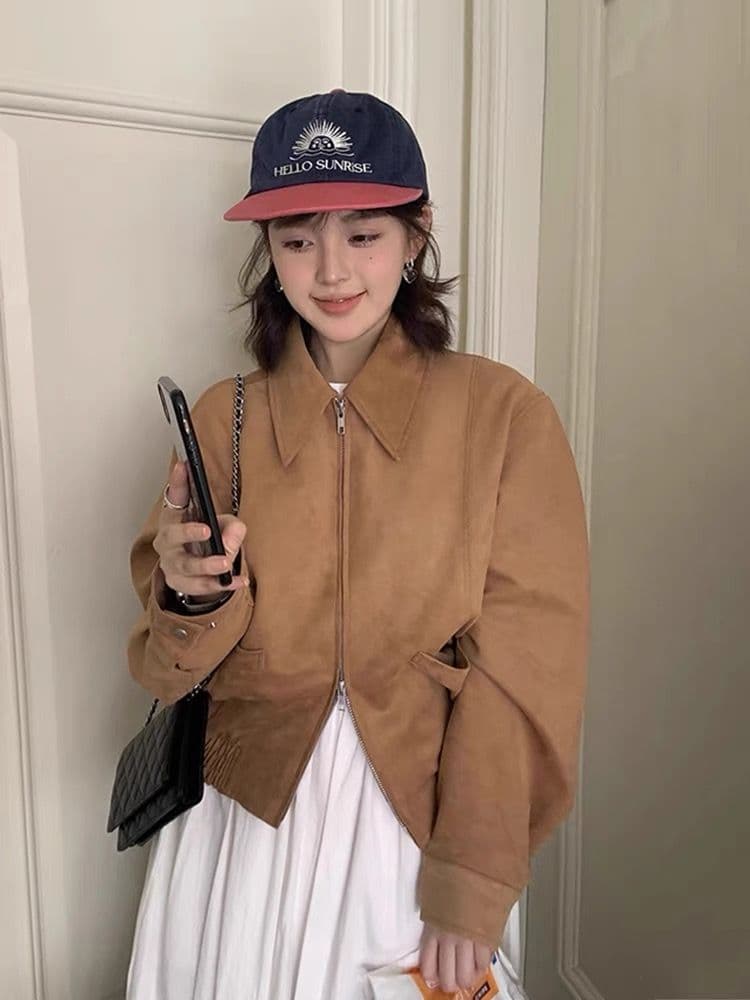 한국 chic 봄 아메리칸 레트로 폴로 칼라 더블 지퍼 주머니 루즈핏 다용도 모방 사슴 캐시미어 재킷 여성 코트 상세 이미지 3