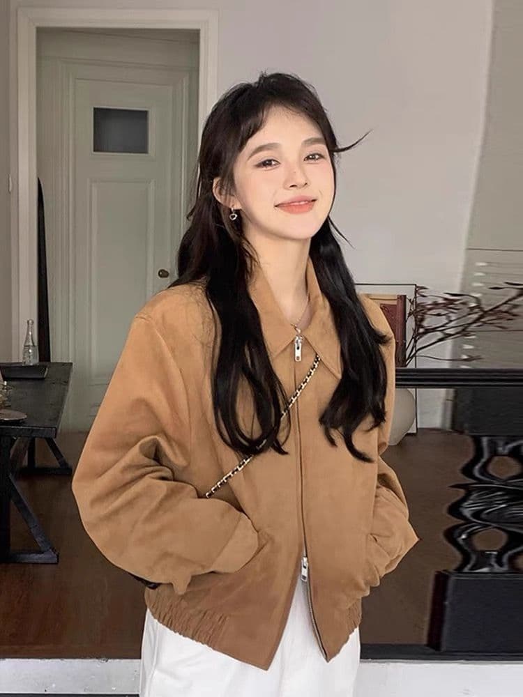 한국 chic 봄 아메리칸 레트로 폴로 칼라 더블 지퍼 주머니 루즈핏 다용도 모방 사슴 캐시미어 재킷 여성 코트 상세 이미지 4