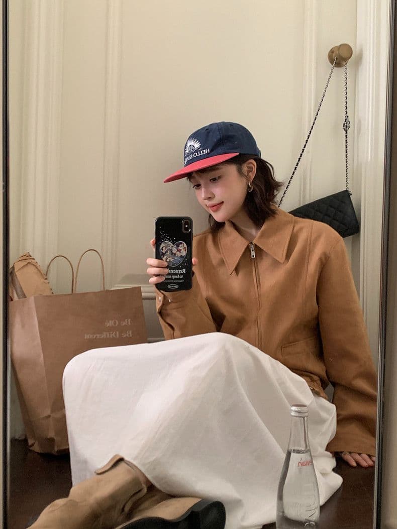 한국 chic 봄 아메리칸 레트로 폴로 칼라 더블 지퍼 주머니 루즈핏 다용도 모방 사슴 캐시미어 재킷 여성 코트 상세 이미지 6
