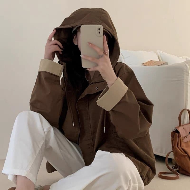 한국 스타일 루즈핏 프로필 모양 디자인 센스 후드 워크웨어 바람막이 여성 동대문 느긋한 바람 짧은 외투 재킷 맨위 이미지 4