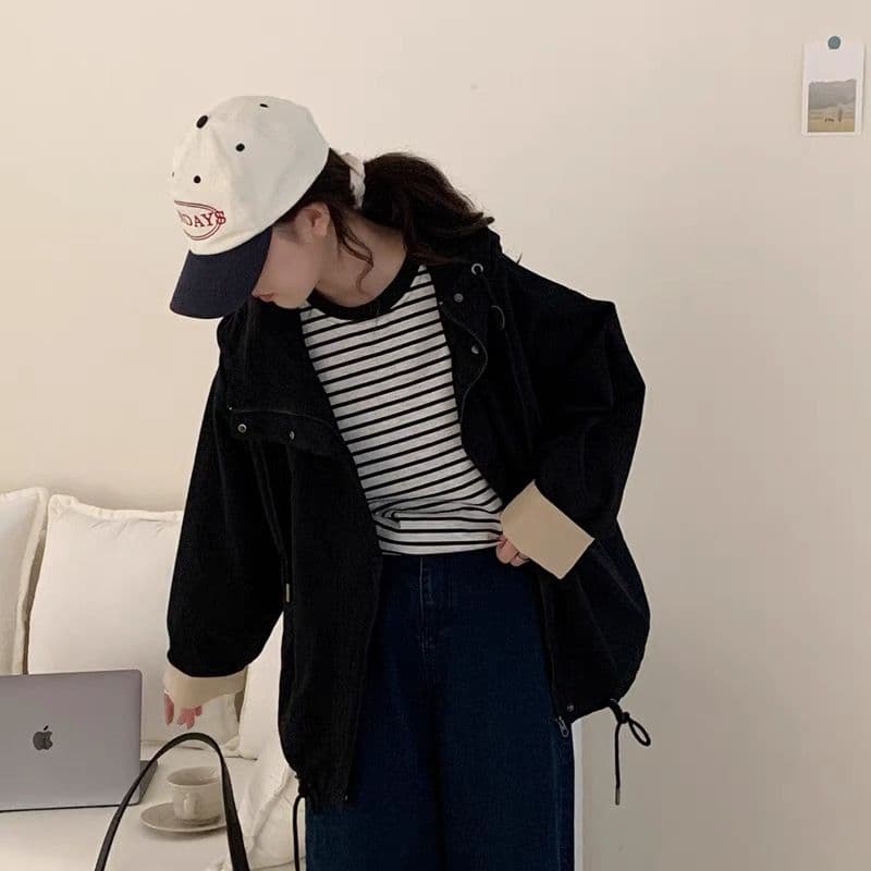 한국 스타일 루즈핏 프로필 모양 디자인 센스 후드 워크웨어 바람막이 여성 동대문 느긋한 바람 짧은 외투 재킷 맨위 이미지 5