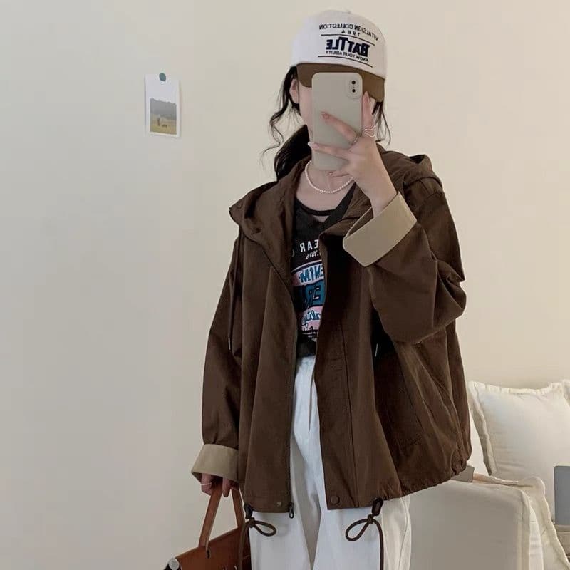 한국 스타일 루즈핏 프로필 모양 디자인 센스 후드 워크웨어 바람막이 여성 동대문 느긋한 바람 짧은 외투 재킷 맨위 상세 이미지 1