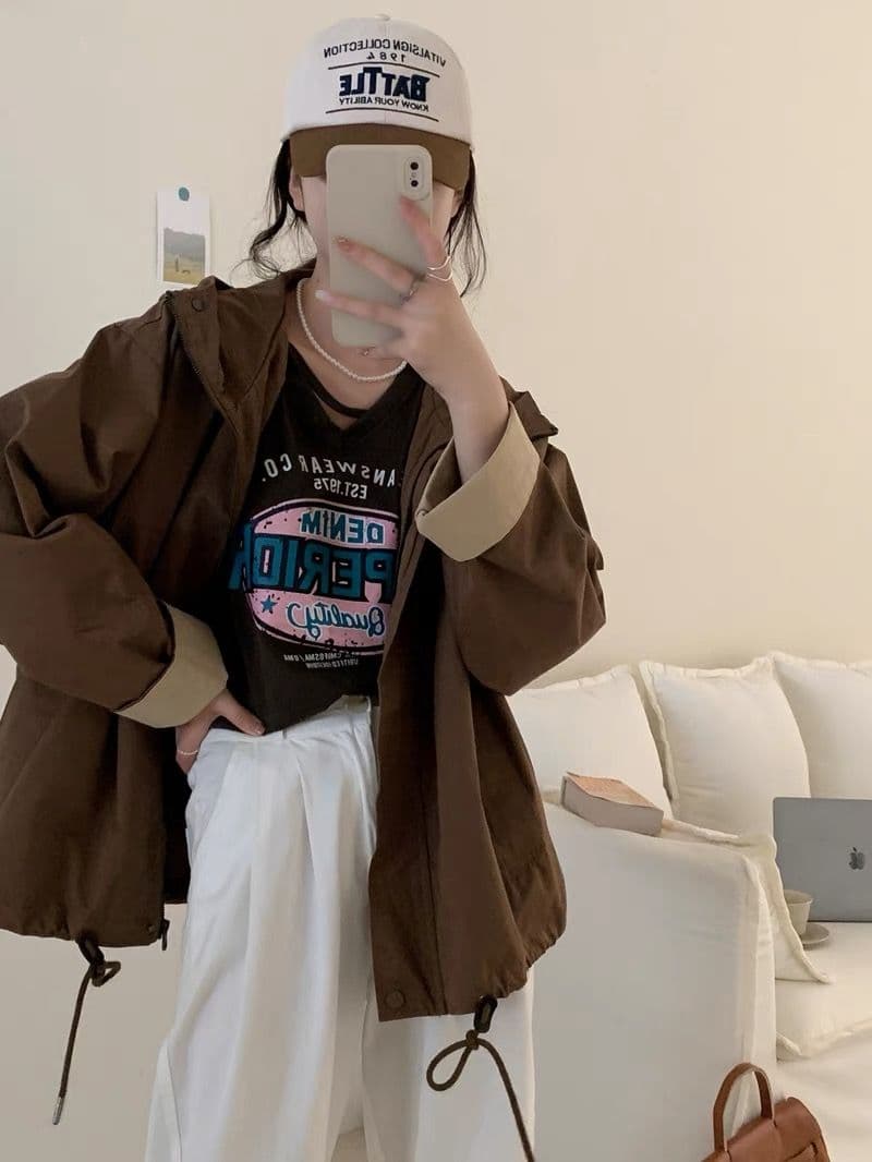 한국 스타일 루즈핏 프로필 모양 디자인 센스 후드 워크웨어 바람막이 여성 동대문 느긋한 바람 짧은 외투 재킷 맨위 상세 이미지 8