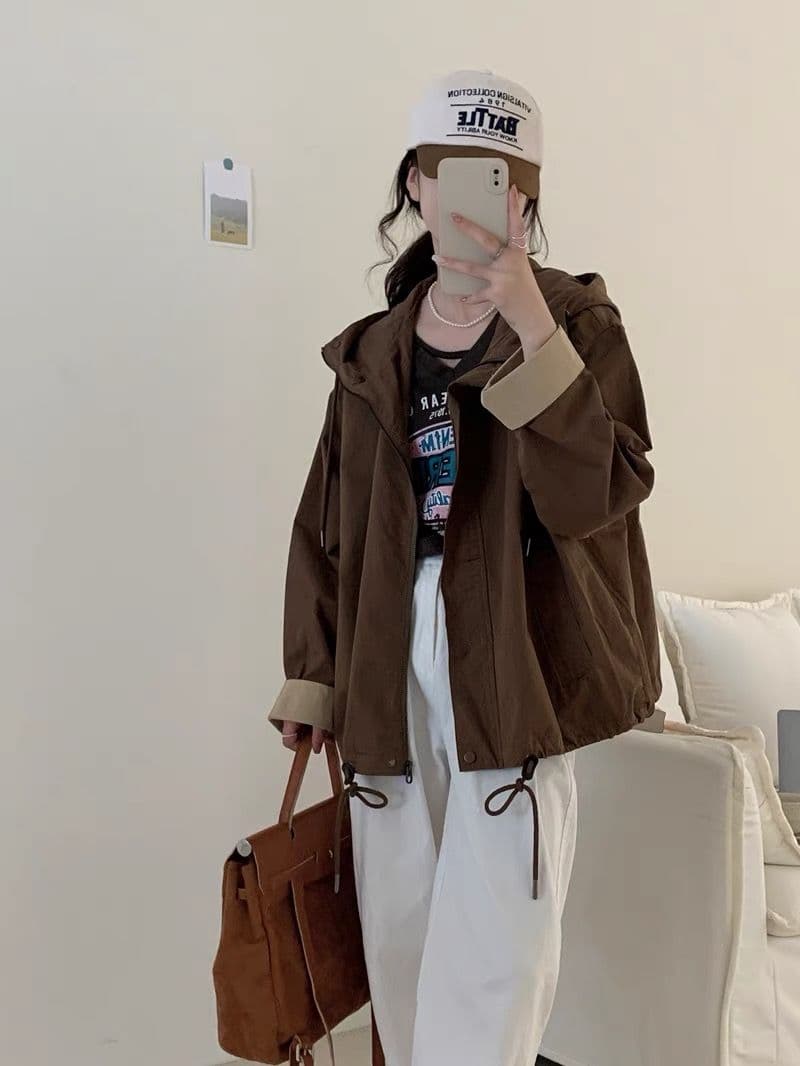 한국 스타일 루즈핏 프로필 모양 디자인 센스 후드 워크웨어 바람막이 여성 동대문 느긋한 바람 짧은 외투 재킷 맨위 상세 이미지 9