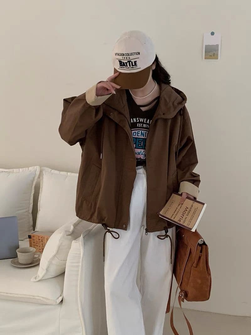 한국 스타일 루즈핏 프로필 모양 디자인 센스 후드 워크웨어 바람막이 여성 동대문 느긋한 바람 짧은 외투 재킷 맨위 상세 이미지 11