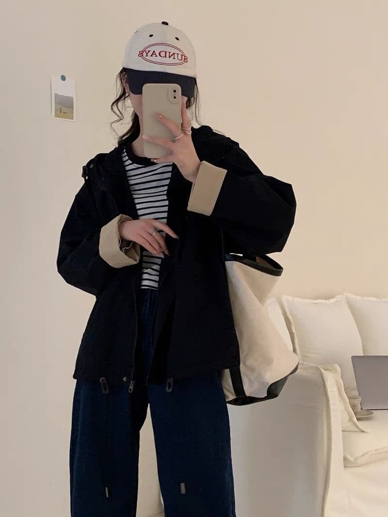 한국 스타일 루즈핏 프로필 모양 디자인 센스 후드 워크웨어 바람막이 여성 동대문 느긋한 바람 짧은 외투 재킷 맨위 상세 이미지 14