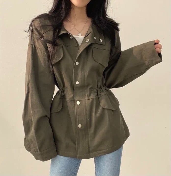 한국 chic 봄 가을 레트로 품격 가짜 주머니 디자인 펌프 로프 허리 수축 슬림해 보이는 워크웨어 재킷 바람막이 여성 코트 상세 이미지 11