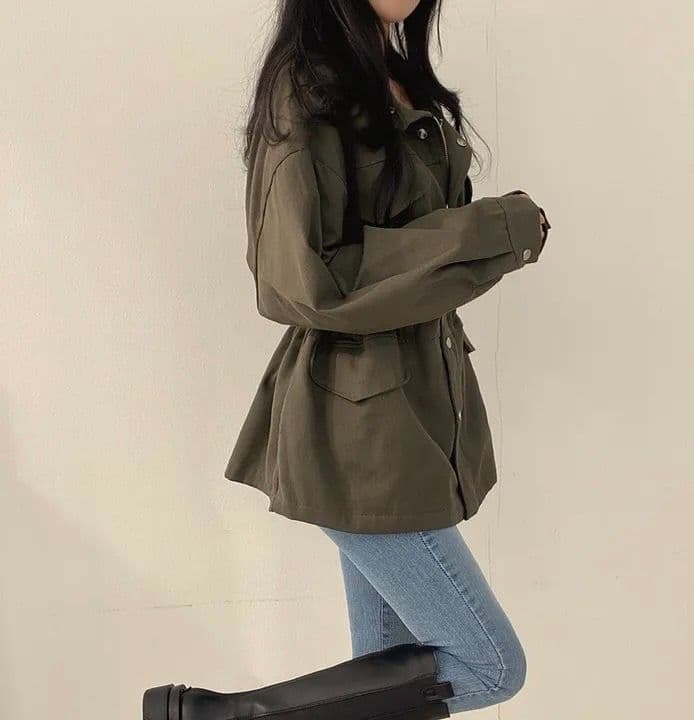 한국 chic 봄 가을 레트로 품격 가짜 주머니 디자인 펌프 로프 허리 수축 슬림해 보이는 워크웨어 재킷 바람막이 여성 코트 상세 이미지 13