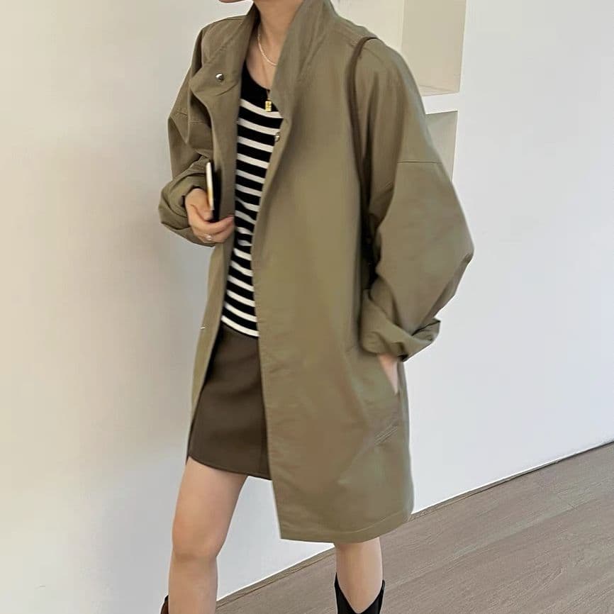 한국 chic 봄 레트로 얇은 스타일 느긋한 바람 스탠드 칼라 루즈핏 캐주얼 긴팔 중간 길이 바람막이 여성 코트 이미지 4