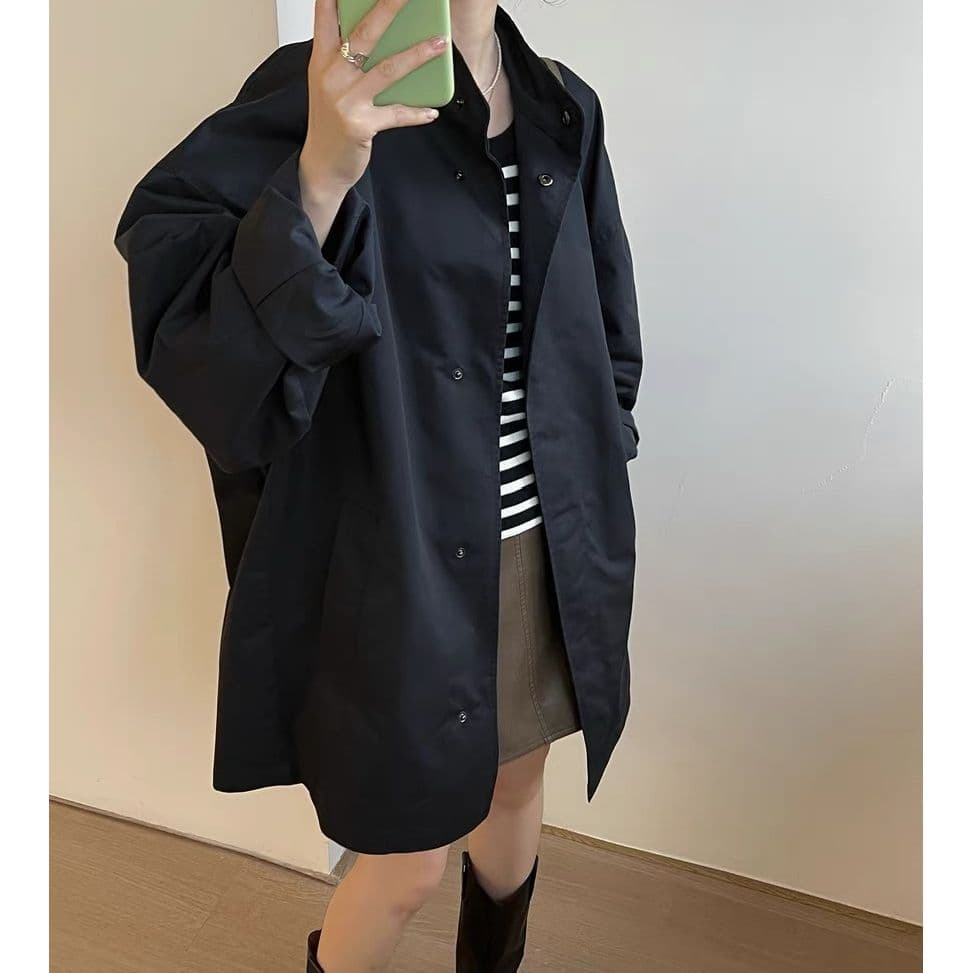 한국 chic 봄 레트로 얇은 스타일 느긋한 바람 스탠드 칼라 루즈핏 캐주얼 긴팔 중간 길이 바람막이 여성 코트 이미지 5