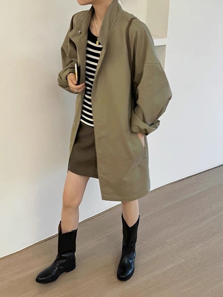 한국 chic 봄 레트로 얇은 스타일 느긋한 바람 스탠드 칼라 루즈핏 캐주얼 긴팔 중간 길이 바람막이 여성 코트 상세 이미지 4