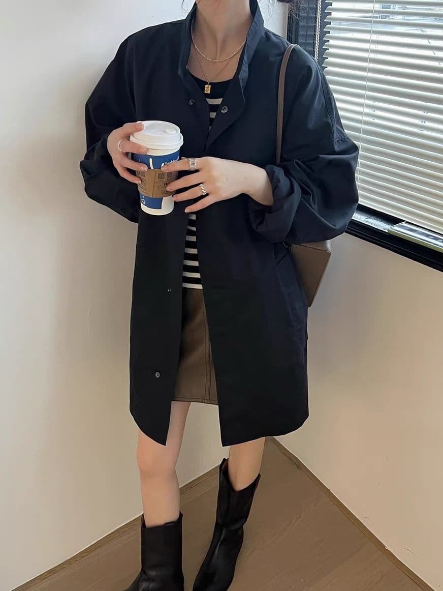한국 chic 봄 레트로 얇은 스타일 느긋한 바람 스탠드 칼라 루즈핏 캐주얼 긴팔 중간 길이 바람막이 여성 코트 상세 이미지 6