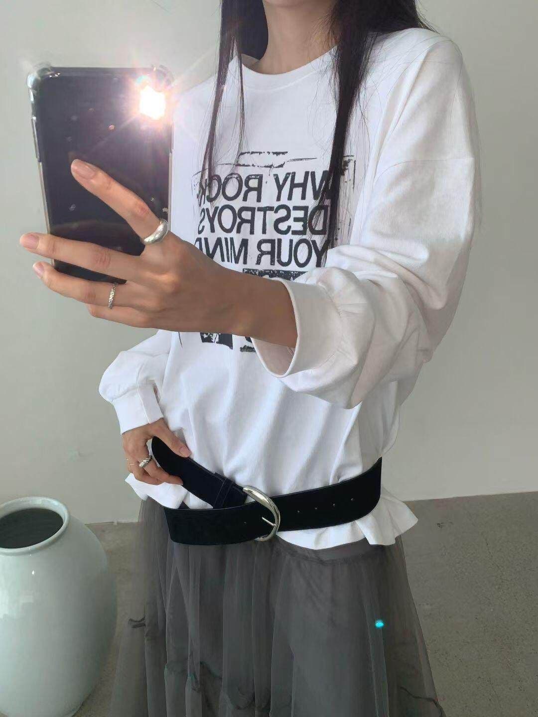 순면 200그램 21 음식 털 느낌 프린트 루즈핏 만나는 손 소매 뭉치 구두 긴팔 티셔츠 여성 이미지 4