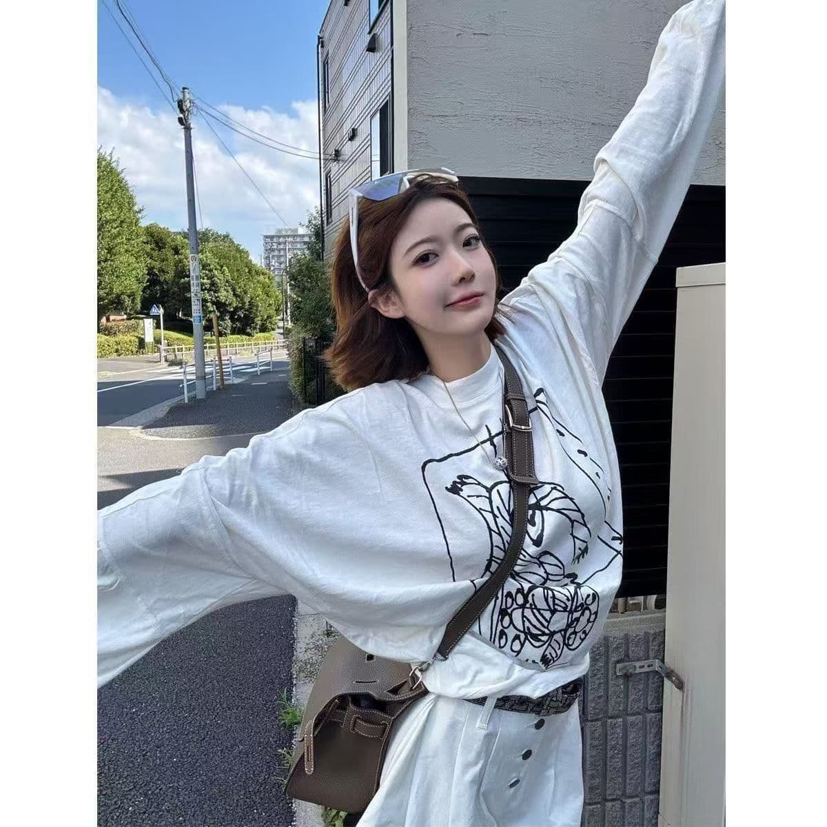 리브 커프스 순면 220 그램 빗질하다 닫기 이후 패키지 칼라 라운드 넥 긴팔 티셔츠 여성 프린트 맨위 이미지 3