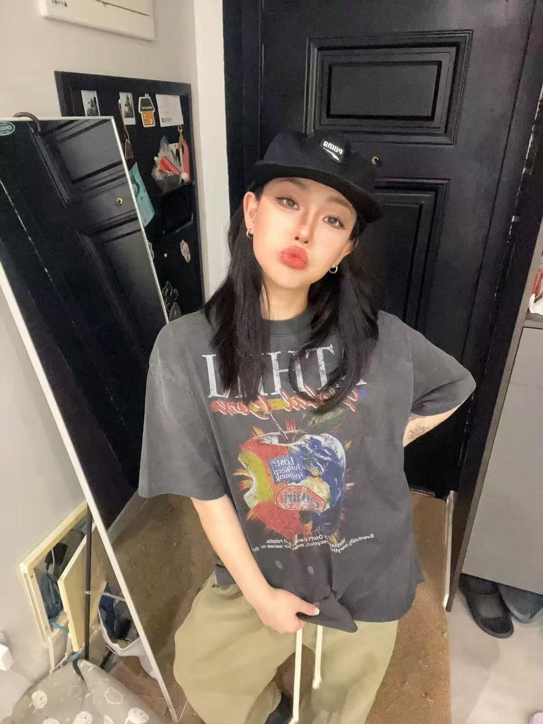 순면 230 크 21 빗질하다 닫기 워싱 마 오래된 프린트 루즈핏 대 에디션 반팔 상세 이미지 1