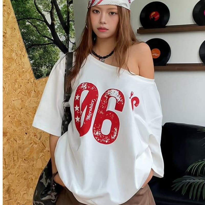 220 그램 92 면 8 암모니아 Lun 아메리칸 핫걸 비스듬한 어깨 알파벳 프린트 반팔 티셔츠 여성 이미지 4