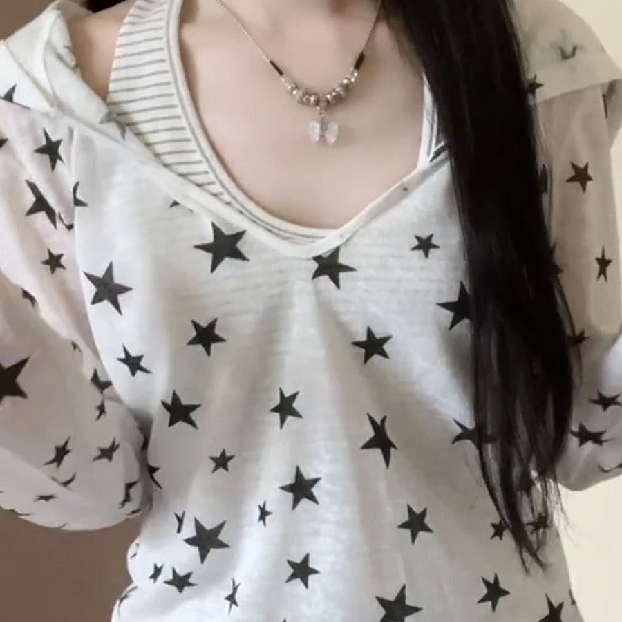 이문화 화이트 별 전체 인쇄 V넥 후드 긴팔 티셔츠 여성 여름 y2k 몸매 가꾸기 슬림해 보이는 자외선 차단 블라우스 맨위 이미지 5