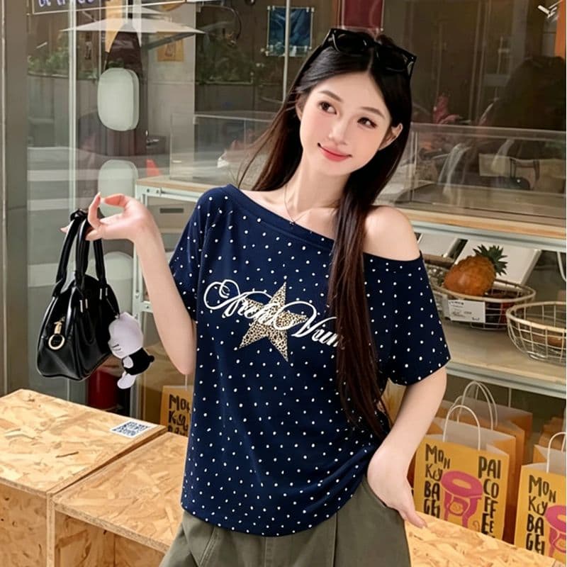 220 그램 40 1 1 순면 여름 새로운 한 부서 도트 무늬 비스듬한 칼라 오프숄더 프린트 섹션 반팔 티셔츠 여성 상세 이미지 5