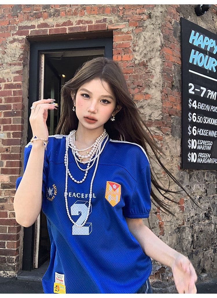 원단 버드 눈 프린트 반팔 아메리칸 레트로 V넥 저지 새로운 프린트 티셔츠 여성 루즈핏 캐주얼 슬림해 보이는 상세 이미지 14
