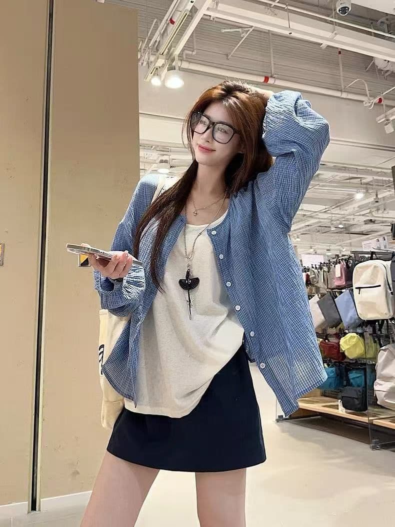 여름 새로운 느긋한 자외선 차단 한 부서 파란색 격자 무늬 셔츠 다용도 셔츠 재킷 슬림해 보이는 루즈핏 맨위 상세 이미지 5