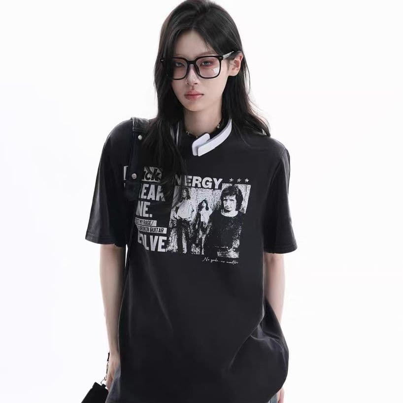 순면 230 크 워싱 마 오래된 프린트 반팔 티셔츠 여성 이미지 4
