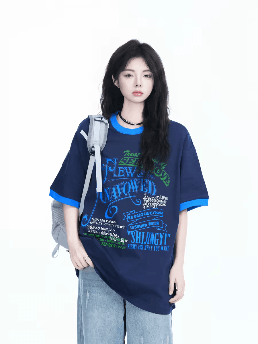 아메리칸 레트로 배색 라운드 넥 반팔 티셔츠 여성 여름 새로운 루즈핏 커플 반소매 ins 이미지 2