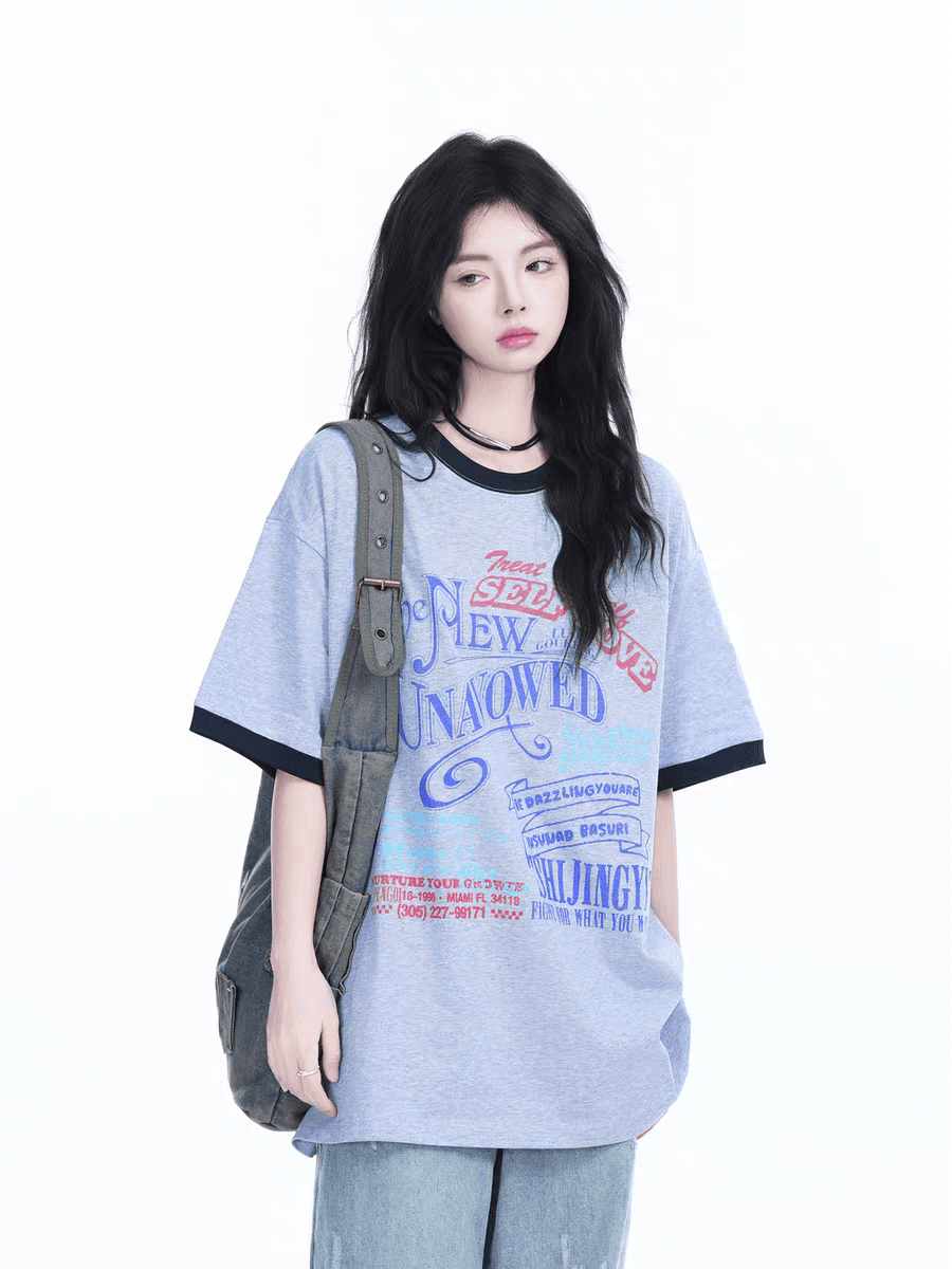 아메리칸 레트로 배색 라운드 넥 반팔 티셔츠 여성 여름 새로운 루즈핏 커플 반소매 ins 이미지 3