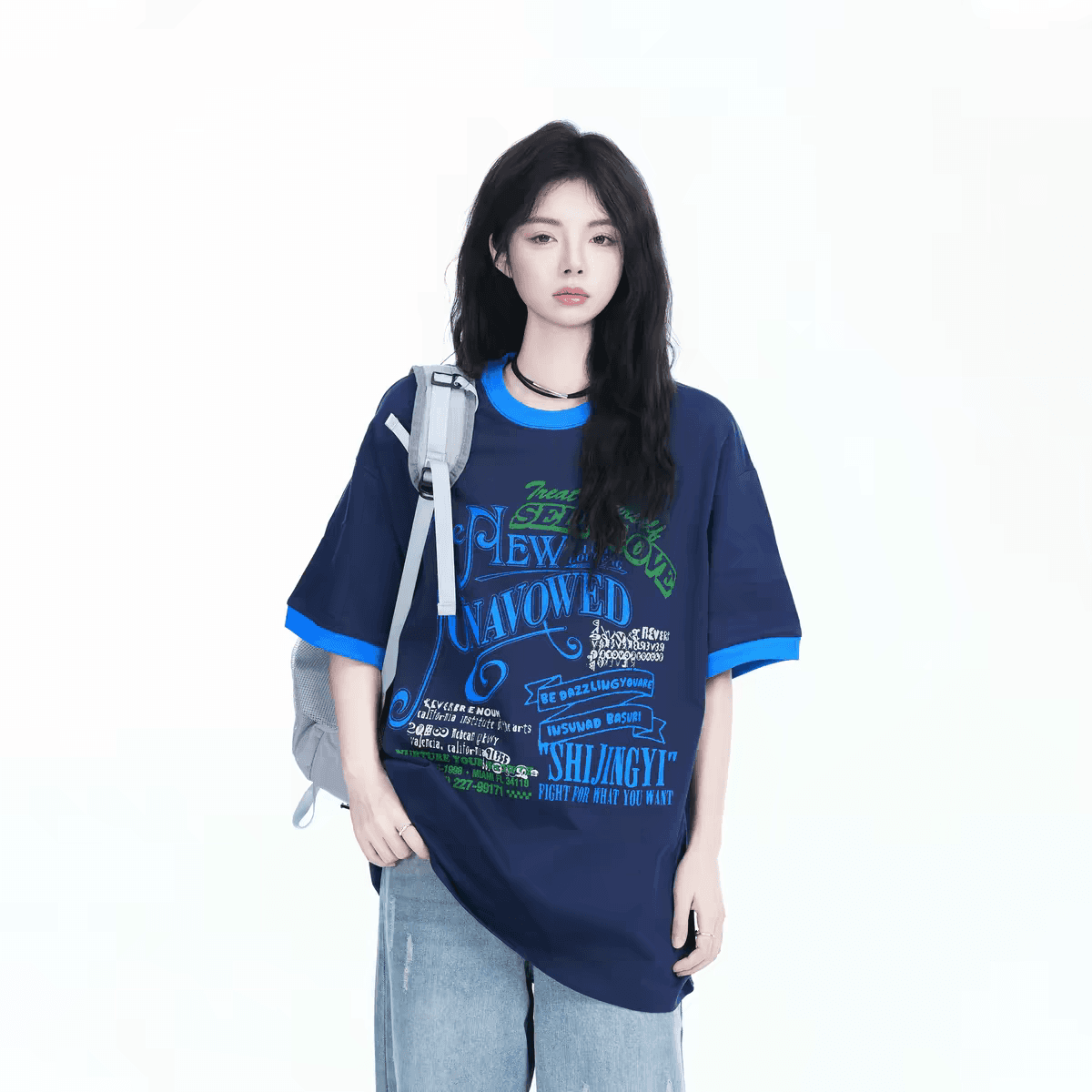 아메리칸 레트로 배색 라운드 넥 반팔 티셔츠 여성 여름 새로운 루즈핏 커플 반소매 ins 이미지 5