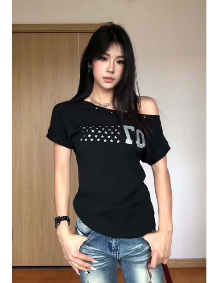 40 순면 210 그램 아메리칸 새로운 여름 별 프린트 비스듬한 어깨 반팔 티셔츠 여성 여름 디자인 맨위 여성 이미지 4