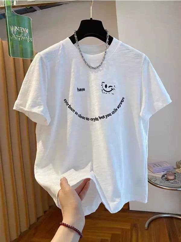 자수 21 순면 특별 빅 사이즈 300 근 웃는 얼굴 알파벳 자수 반팔 티셔츠 여성 여름 섹션 루즈핏 반소매 셔츠
